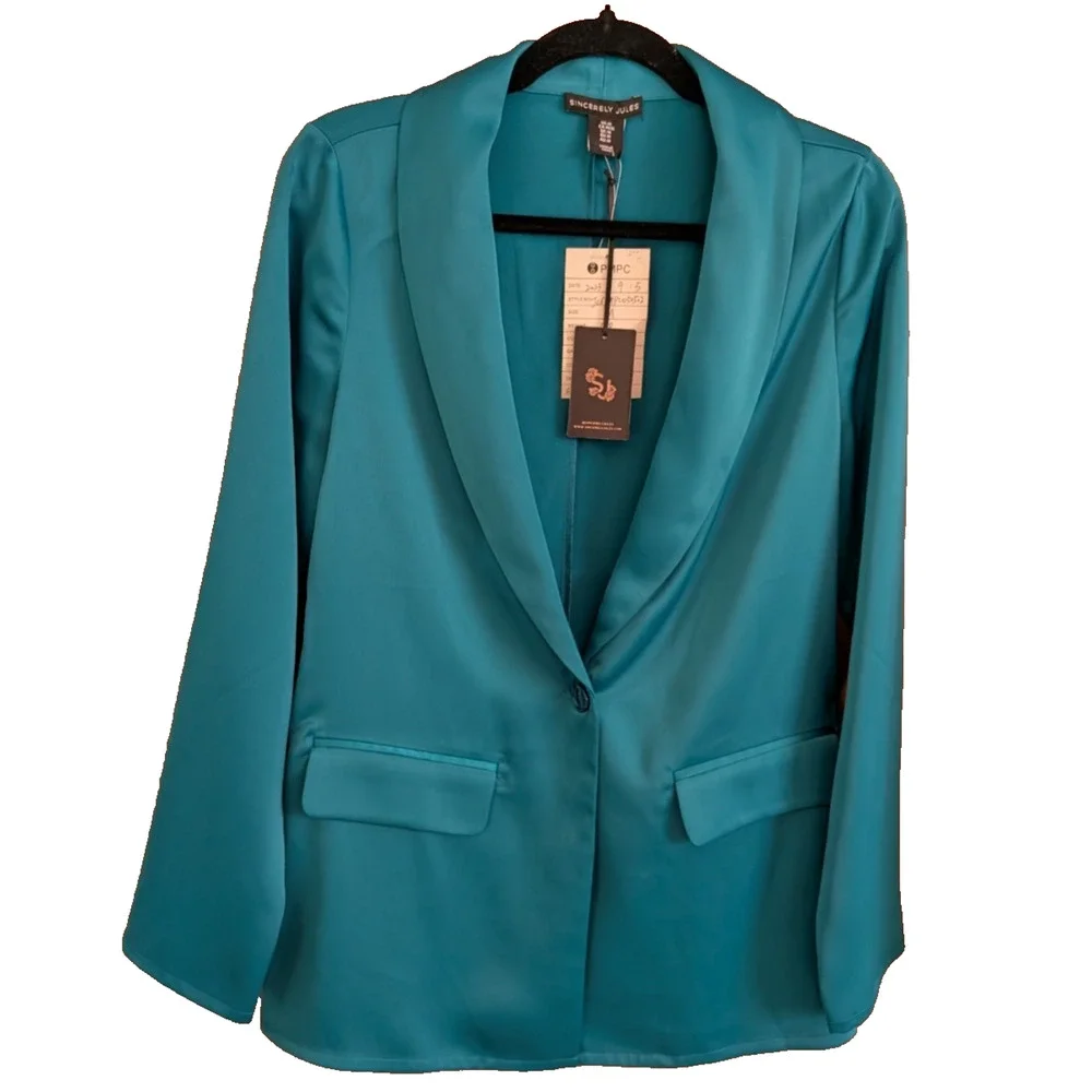 NEW Sincerely Jules Teal Green Satin Polyester‎ Blazer MEDIUM NWT